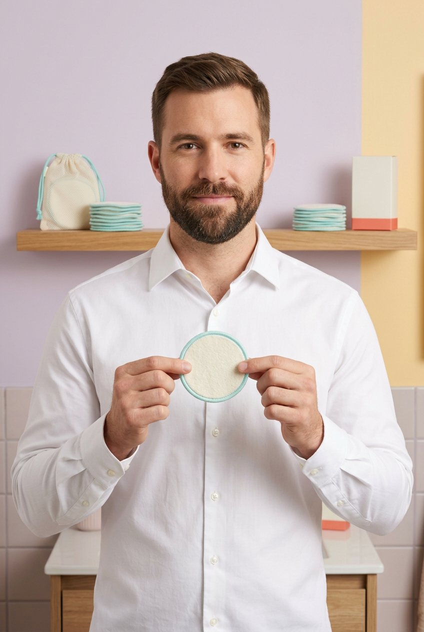 Adult male model holding an ivory aqua-edged reusable makeup pad