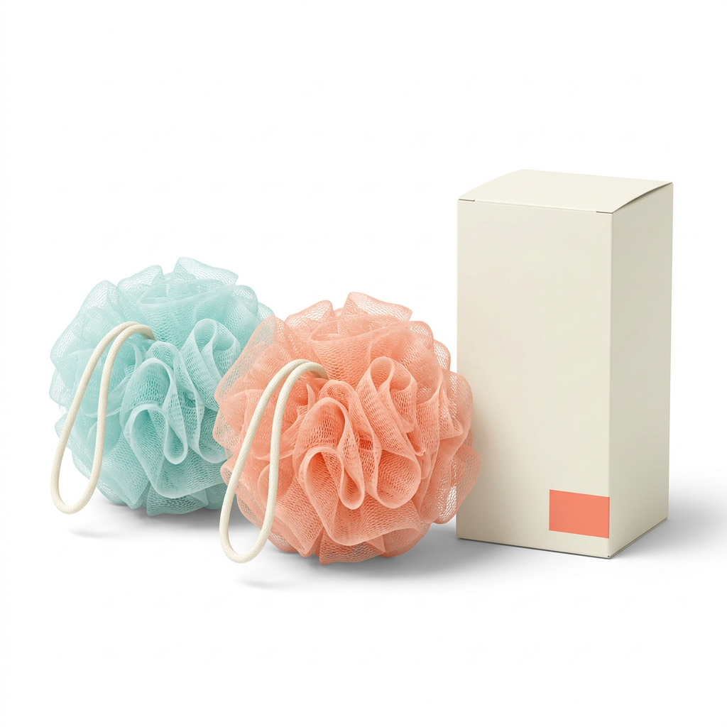 Aqua and coral mesh bath poufs and logo-free ivory carton on white