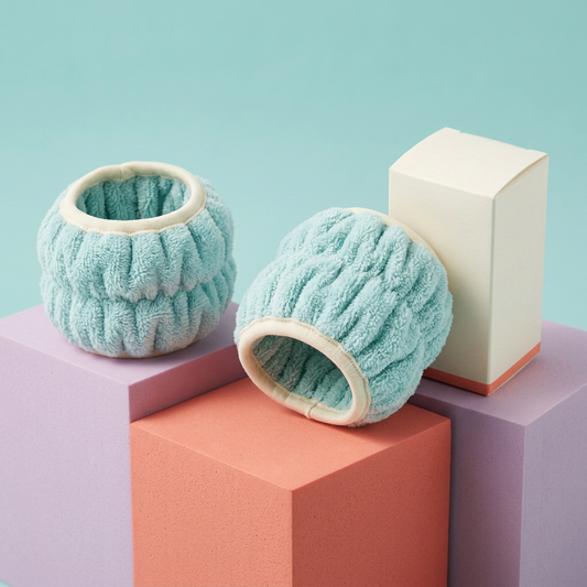 Pair of aqua skincare wristbands with ivory edging on colorful podiums