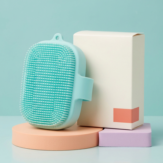 Aqua silicone body brush and ivory carton on colorful podiums