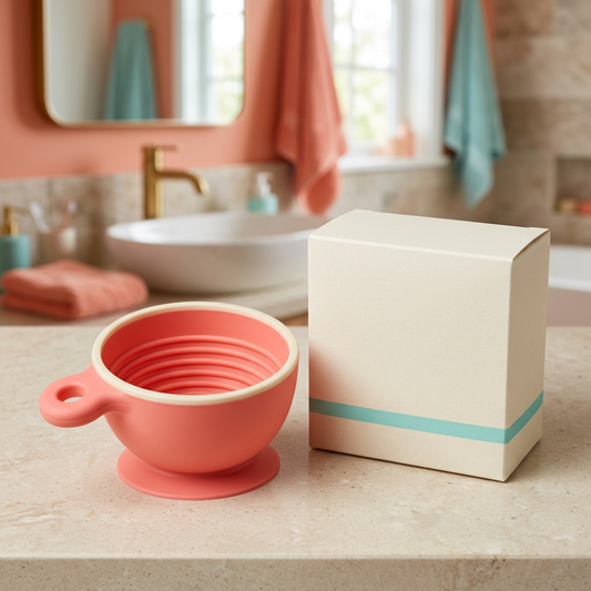 Coral facial foaming bowl with ivory rim and logo-free packaging