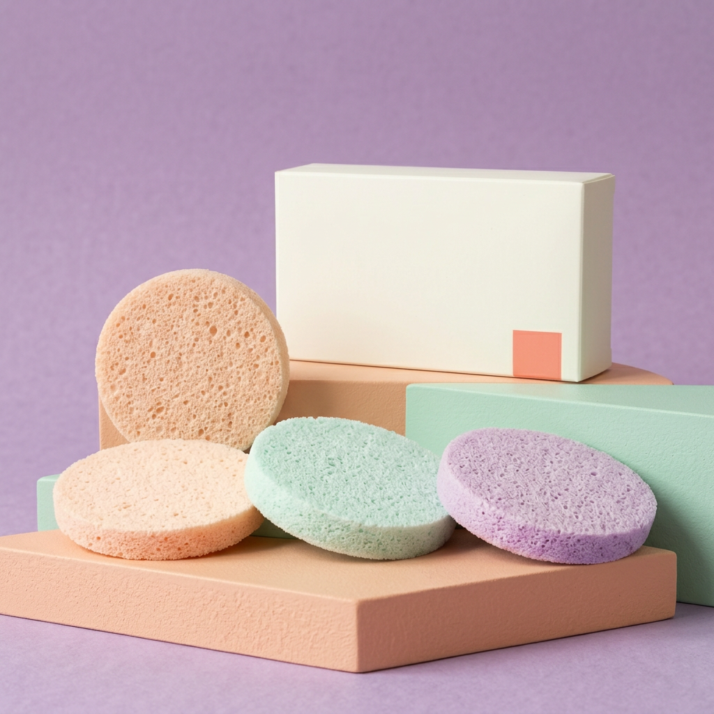 Peach mint and lavender cleansing sponges with ivory carton on colorful podiums