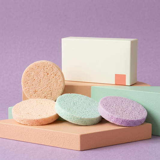 Peach mint and lavender cleansing sponges with ivory carton on colorful podiums