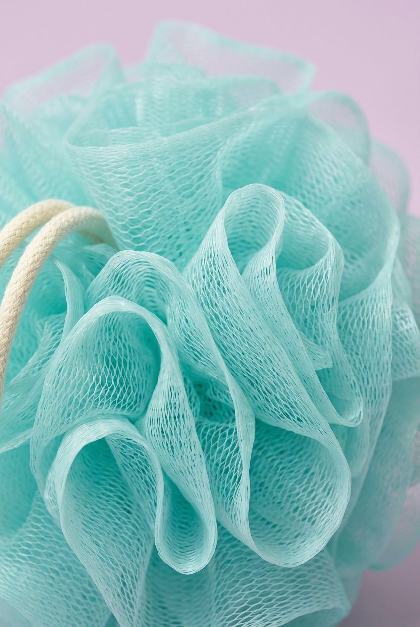 Close-up of gathered aqua open mesh and ivory cord