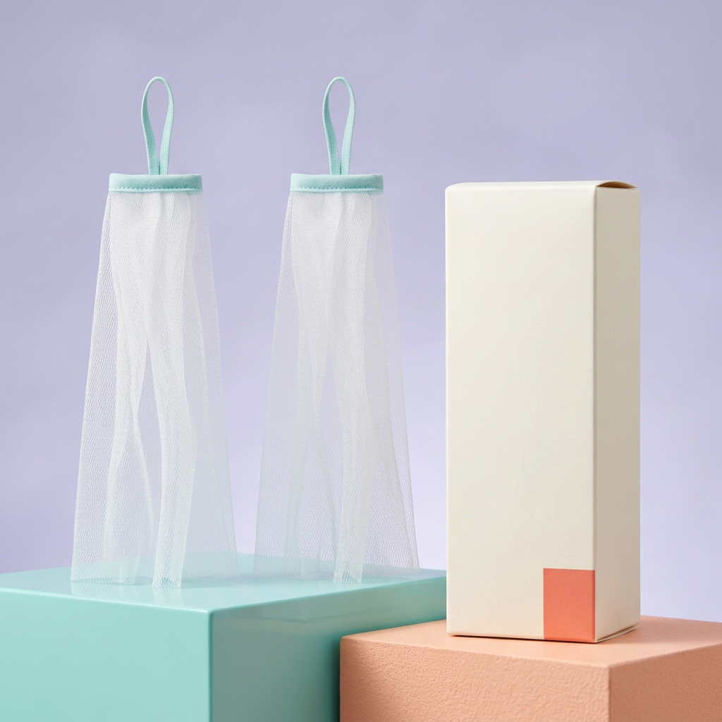 Two white foaming nets with aqua loops and ivory carton on colorful podiums