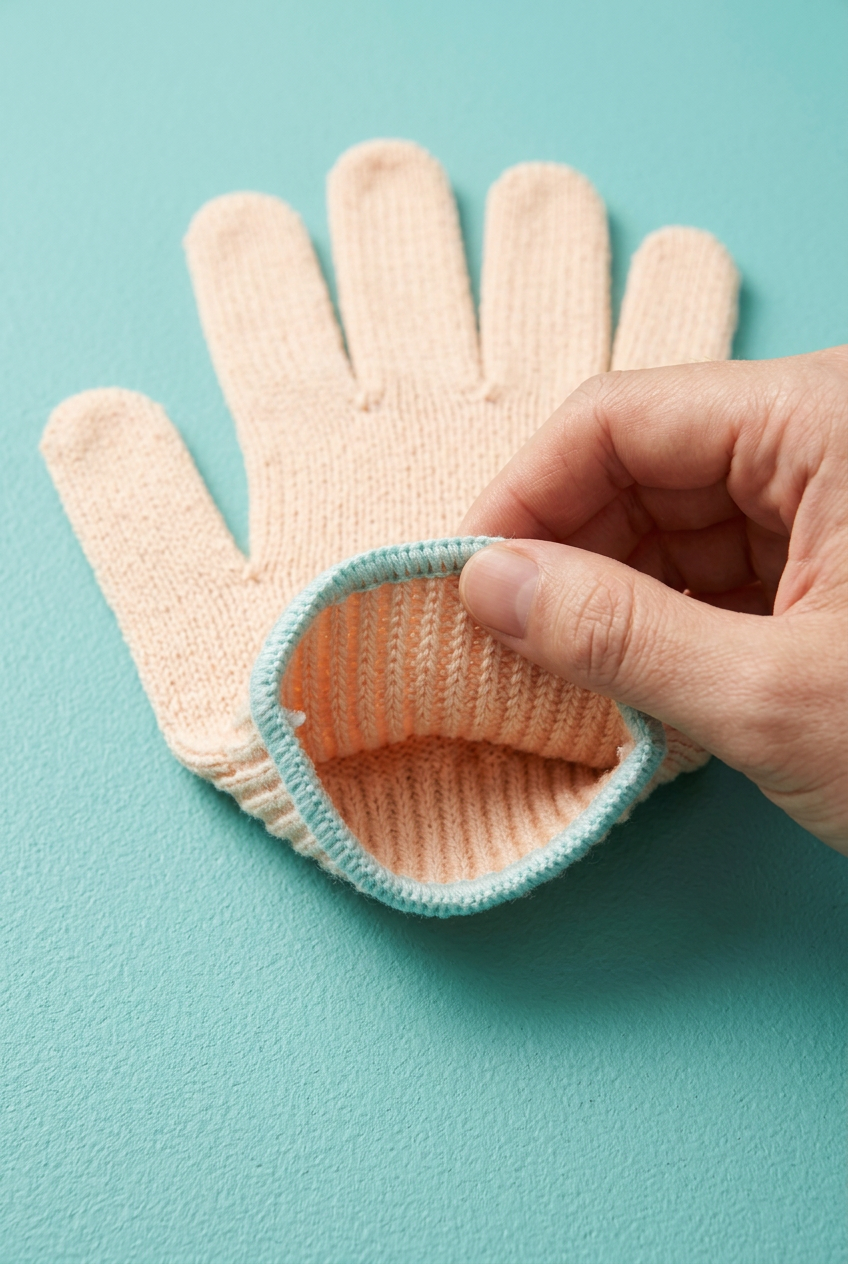 Hand holding glove cuff to show opening and stitching