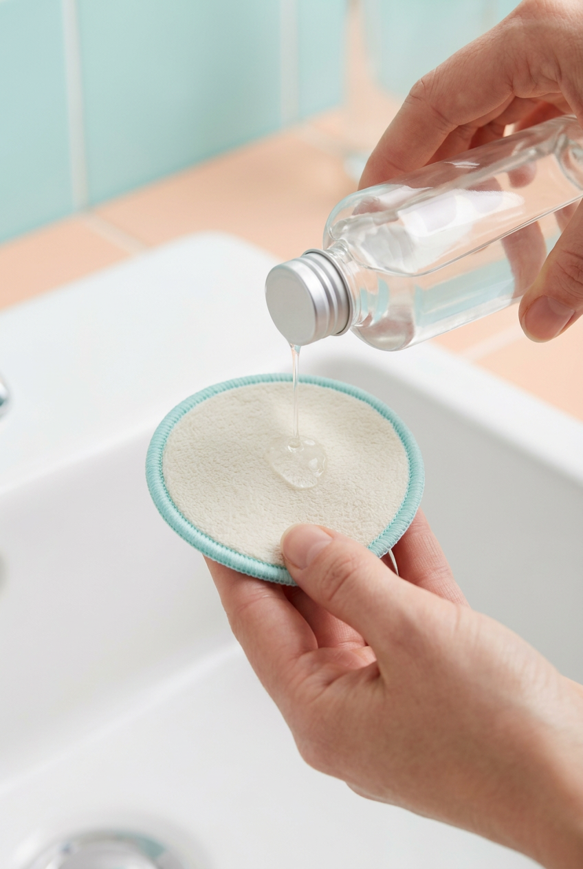 Hand preparing a reusable pad with cosmetic liquid
