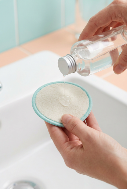 Hand preparing a reusable pad with cosmetic liquid