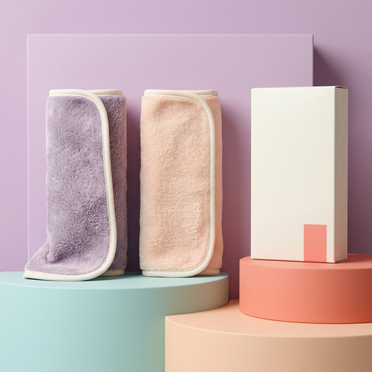 Lavender and peach plush makeup remover cloths on colorful podiums