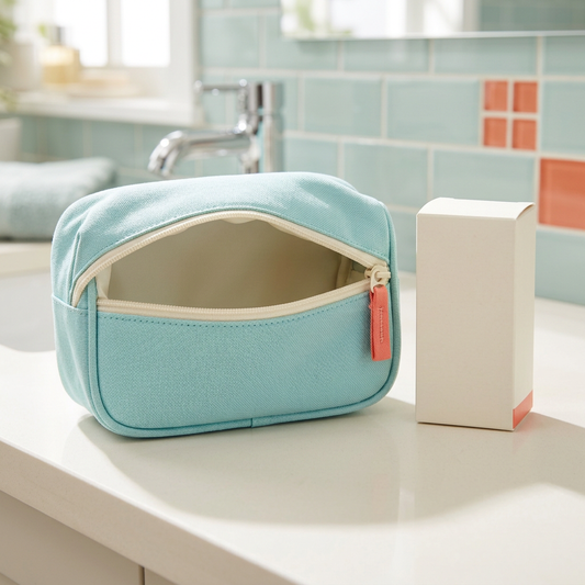 Aqua travel skincare organizer pouch in an ivory and aqua bathroom setting