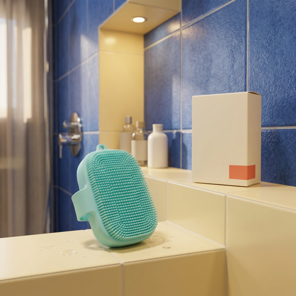 Aqua manual body cleansing brush on a bathroom shelf