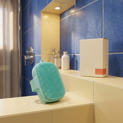 Aqua manual body cleansing brush on a bathroom shelf