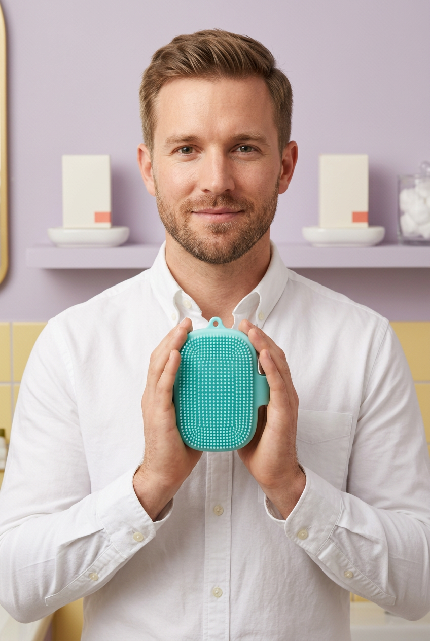 Adult male model holding an aqua body cleansing brush