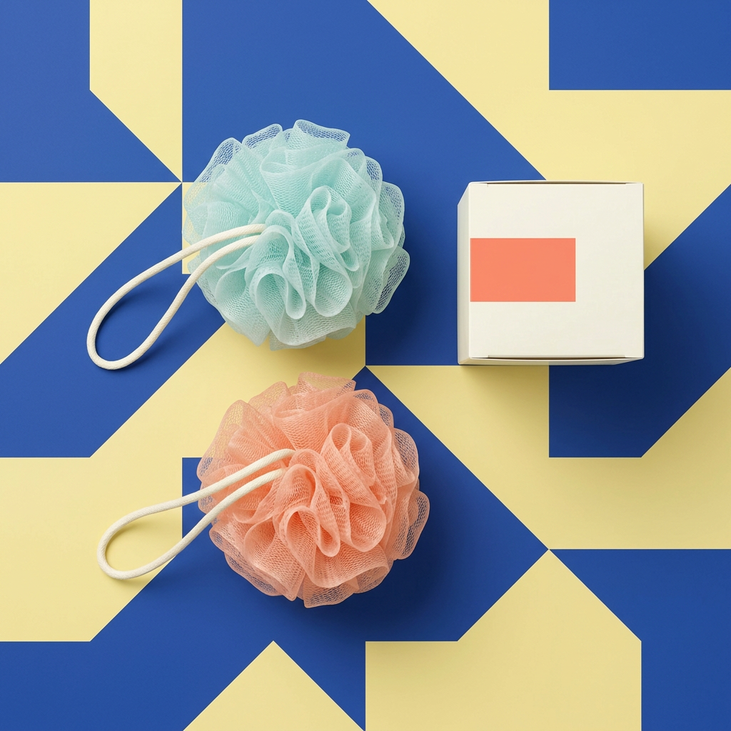 Aqua and coral bath poufs in a colorful flat lay