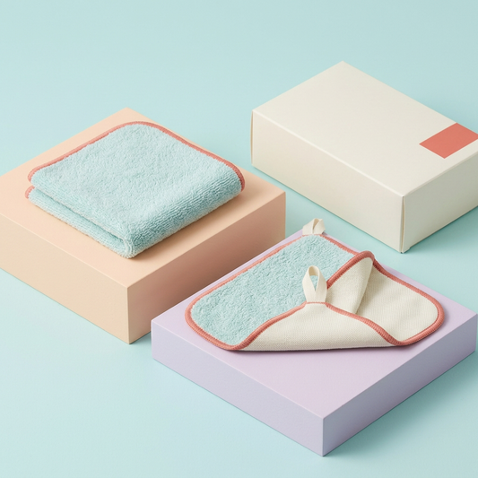 Two aqua and ivory washcloths with coral trim on colorful podiums