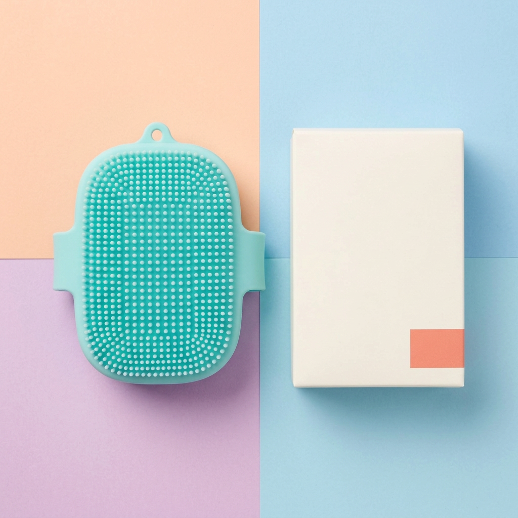 Body cleansing brush and matching carton in a colorful flat lay