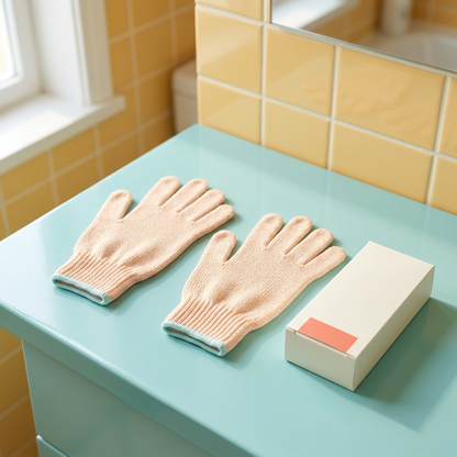 Peach bath glove set on an aqua bathroom vanity