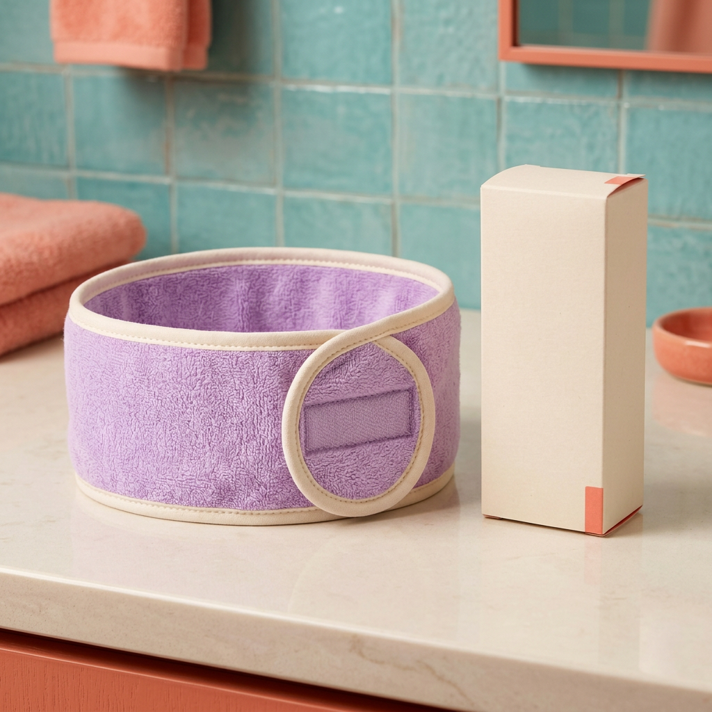 Lavender skincare headband and unbranded ivory carton in an aqua bathroom setting