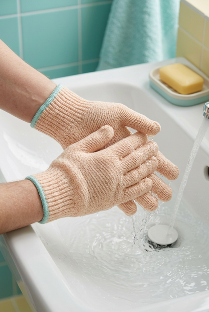 Hands rinsing a peach knitted bath glove over a basin