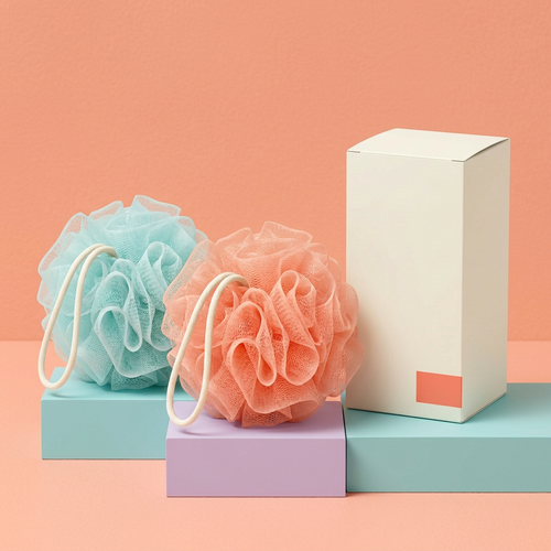 Aqua and coral mesh bath poufs with ivory carton on colorful podiums