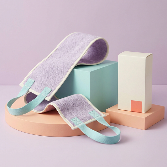 Lavender back washing towel with aqua handles on colorful podiums
