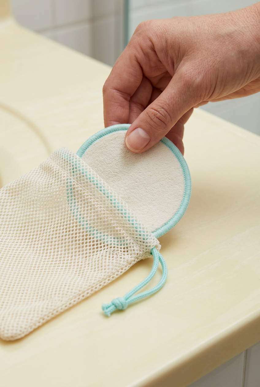 Hand placing a reusable pad into its mesh laundry bag