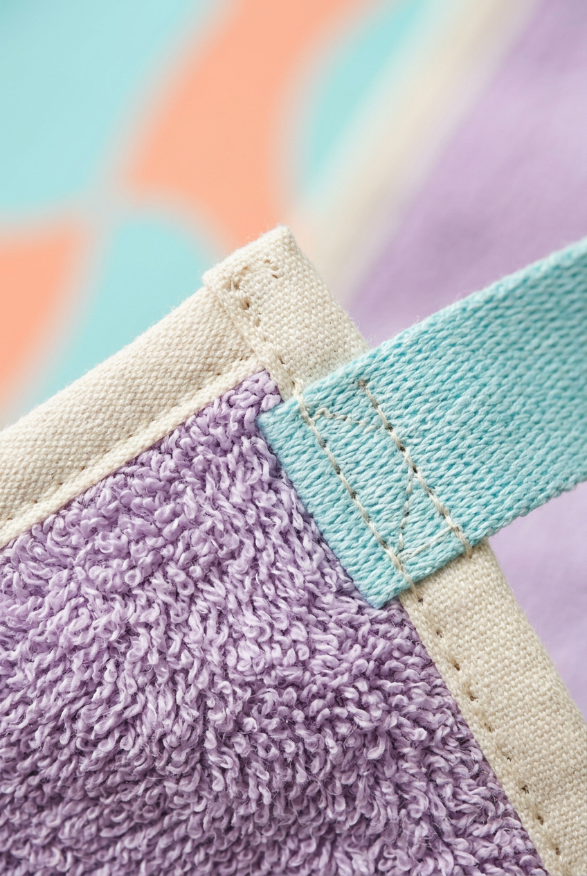 Close-up of lavender woven fabric and ivory binding