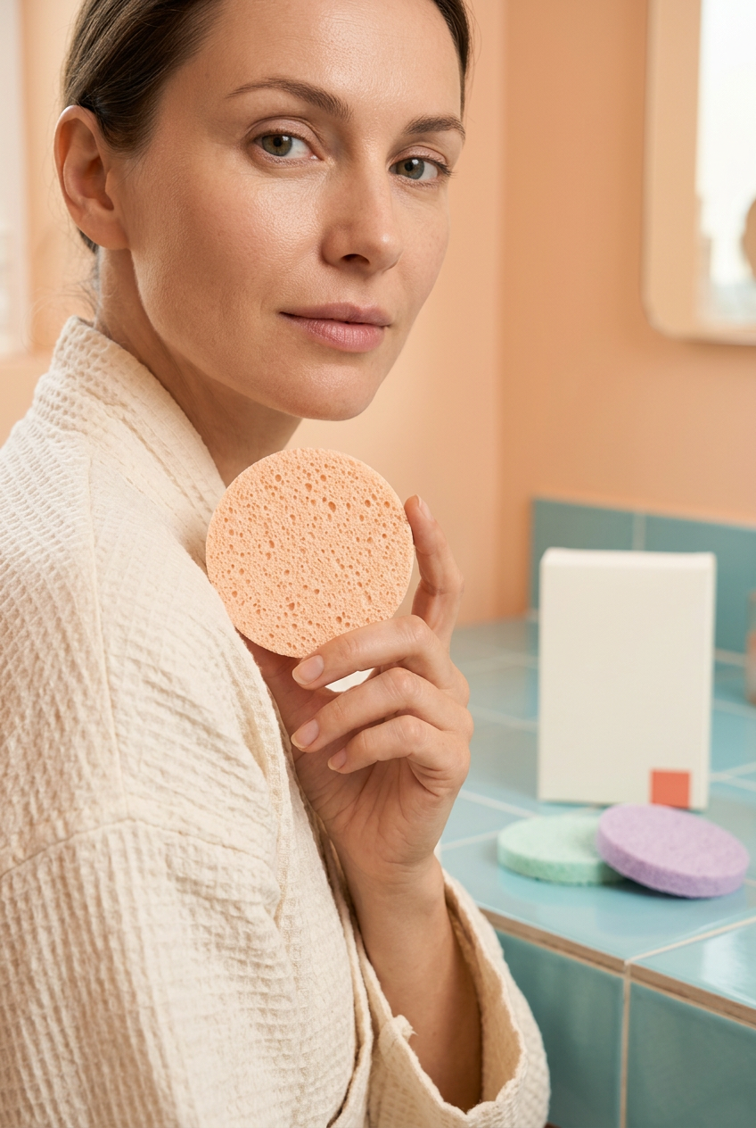 Adult female model holding a peach facial sponge