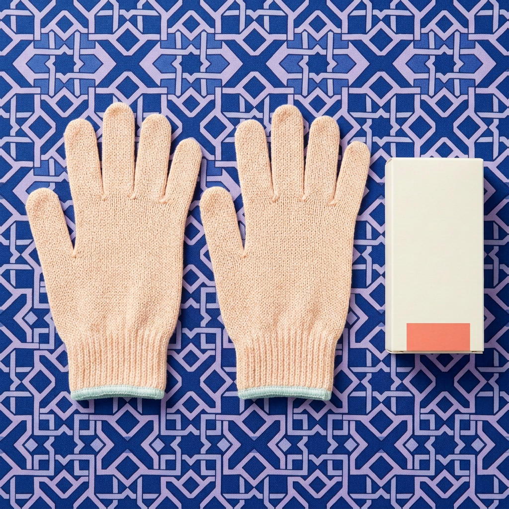 Two five-finger bath gloves in a colorful flat lay