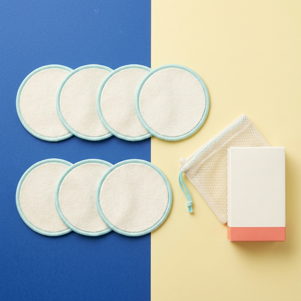 Seven reusable makeup pads and mesh bag in a colorful flat lay