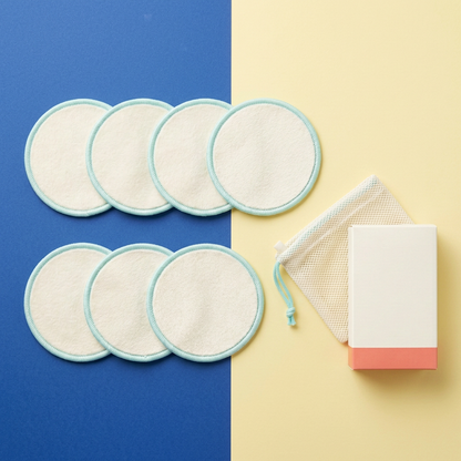 Seven reusable makeup pads and mesh bag in a colorful flat lay