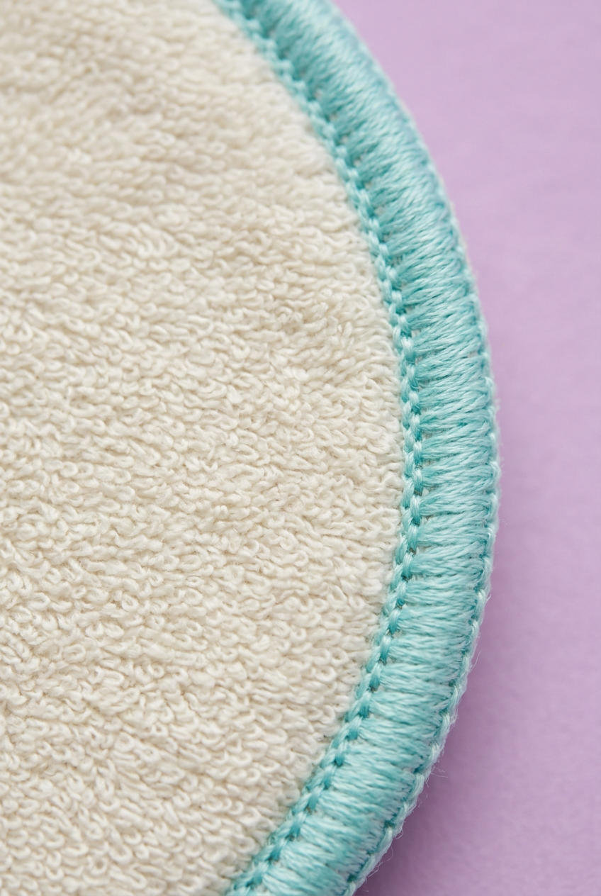Close-up of ivory textile pad surface and aqua stitched rim
