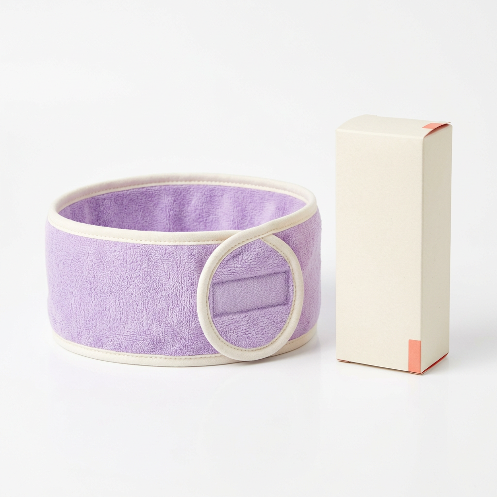 Lavender wrap skincare headband with ivory edging and logo-free ivory carton on white background