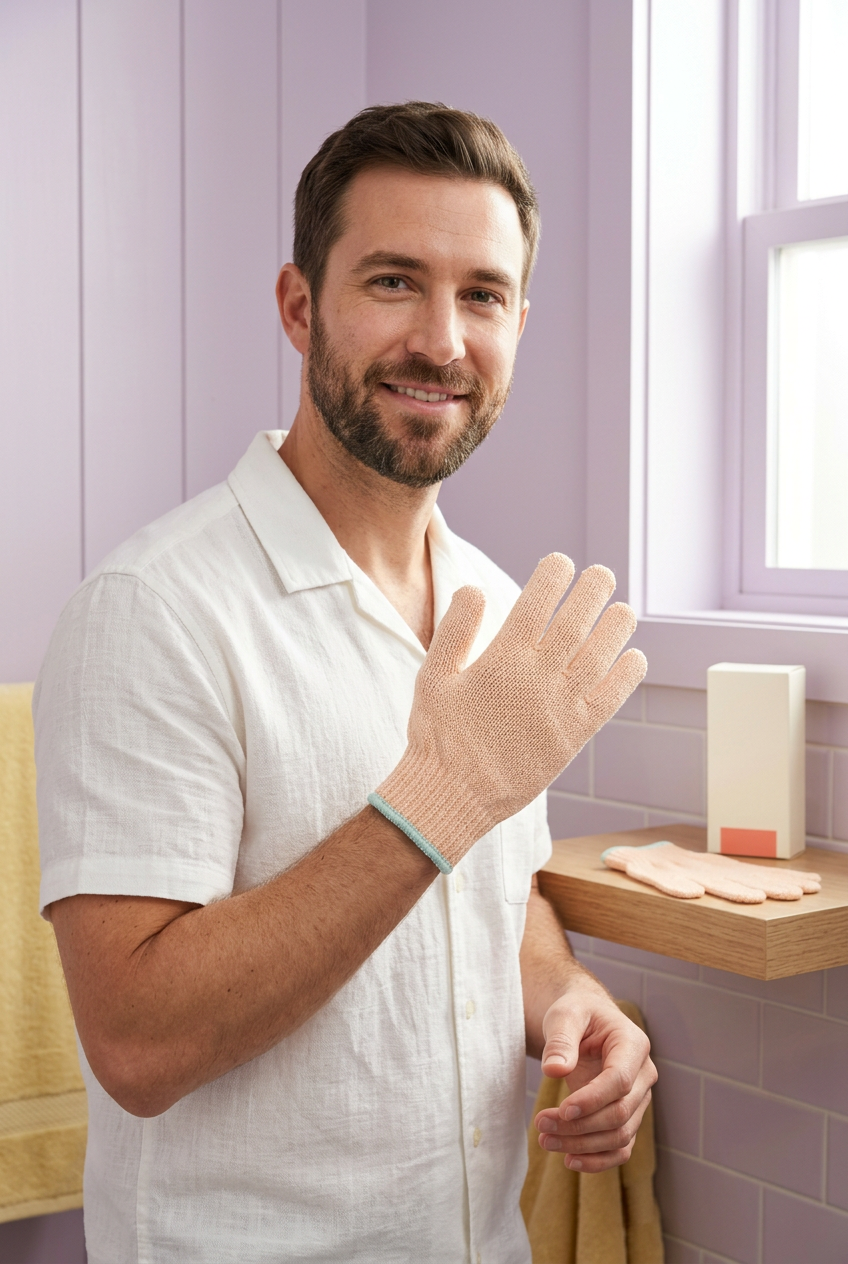 Adult male model holding a peach bath cleansing glove