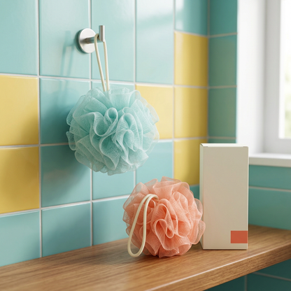 Two mesh bath poufs displayed on a bathroom shelf and hook