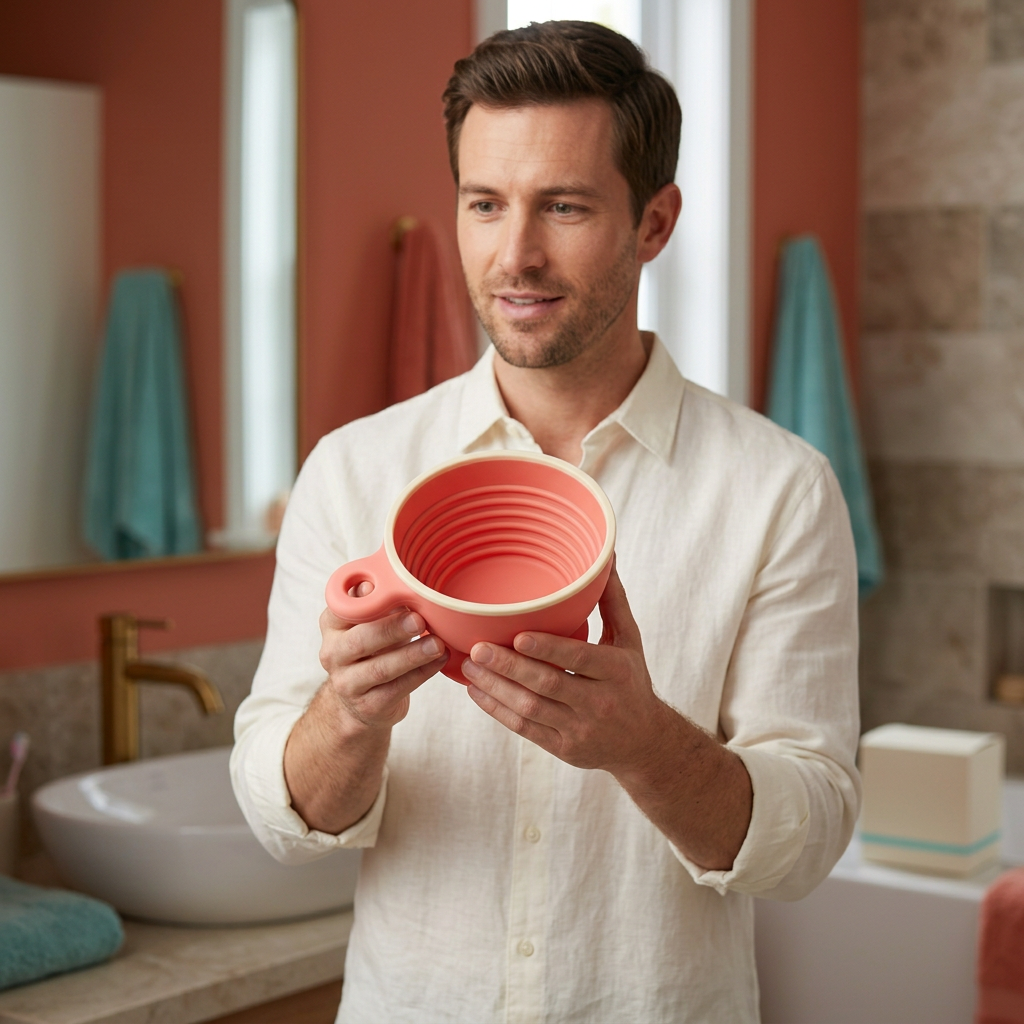 Male model holding coral facial foaming bowl