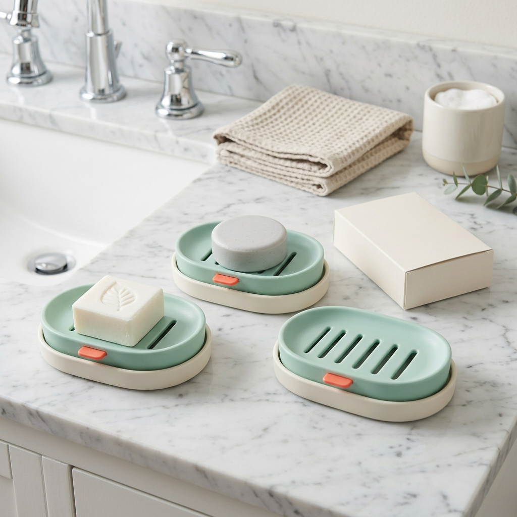 Soap dish beside bathroom sink