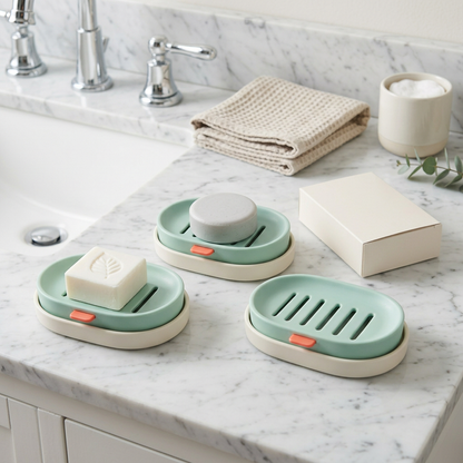 Soap dish beside bathroom sink