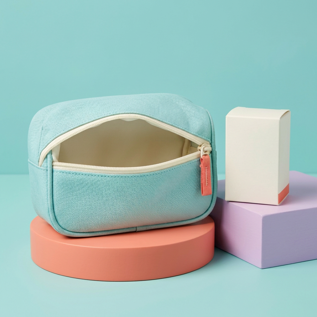 Aqua skincare organizer pouch and logo-free ivory carton on colorful podiums