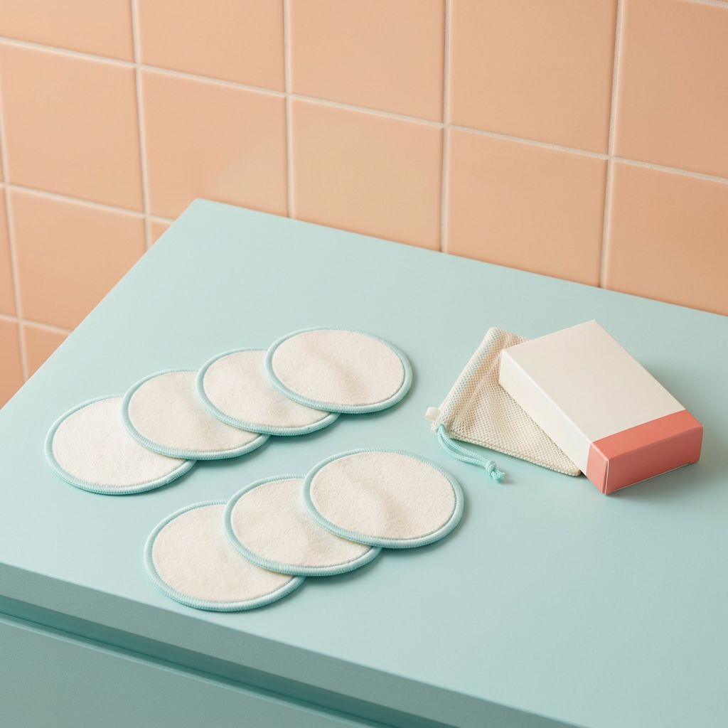 Reusable makeup pad set displayed on a bathroom vanity