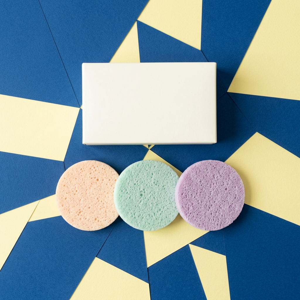 Pastel facial cleansing sponge trio in a colorful flat lay