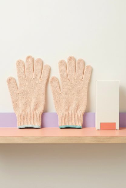 Two peach bath gloves with coordinated logo-free ivory carton