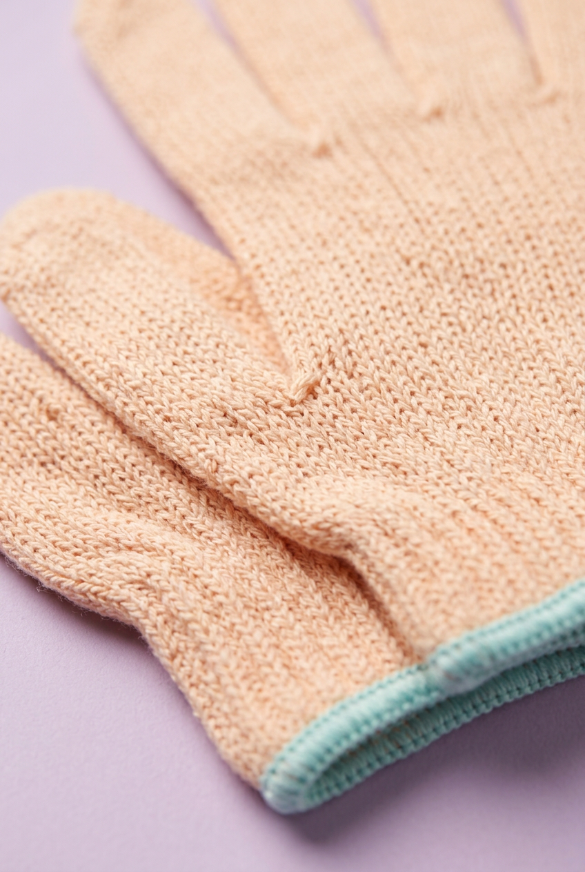 Close-up of peach knit and aqua-edged cuff