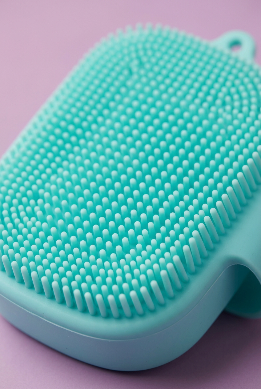 Close-up of rounded aqua silicone bristles