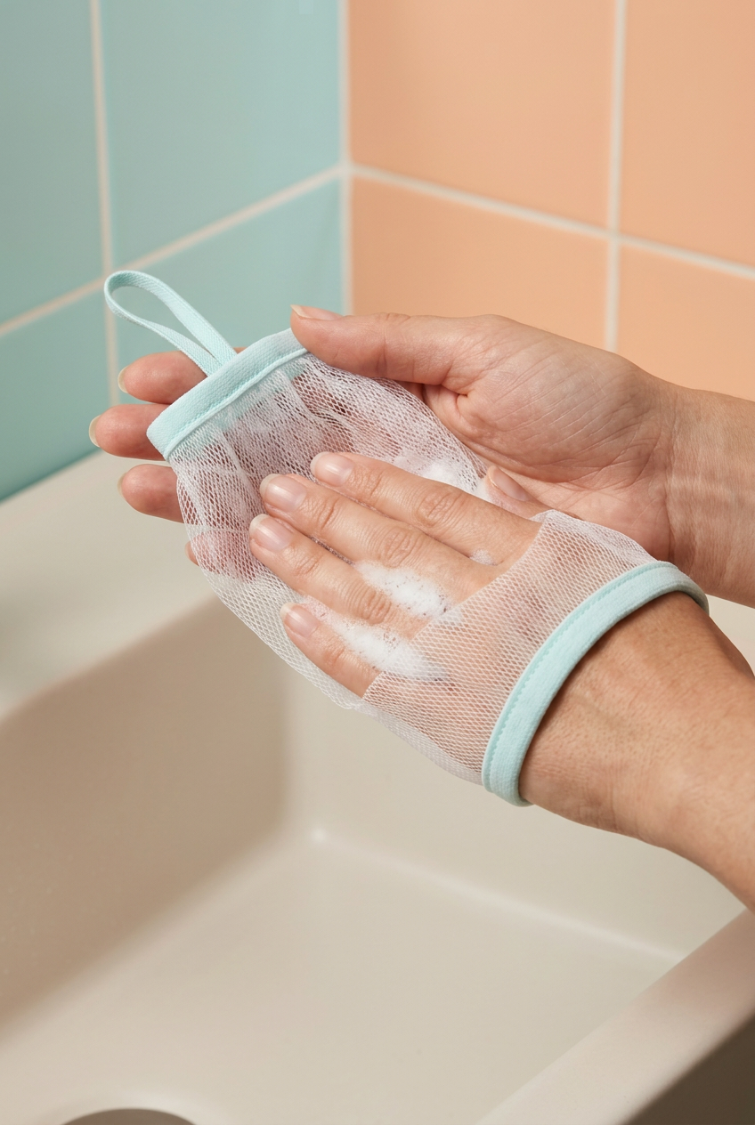 Hands preparing cleanser lather with a mesh foaming net