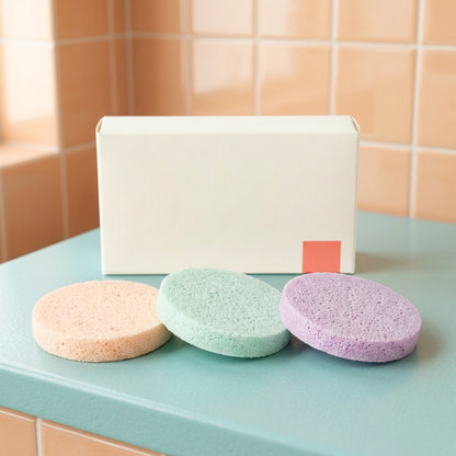 Three pastel facial sponges in a bathroom setting
