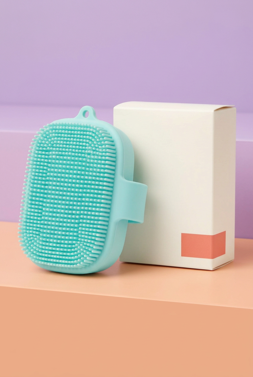 Aqua body brush with coordinated logo-free ivory carton