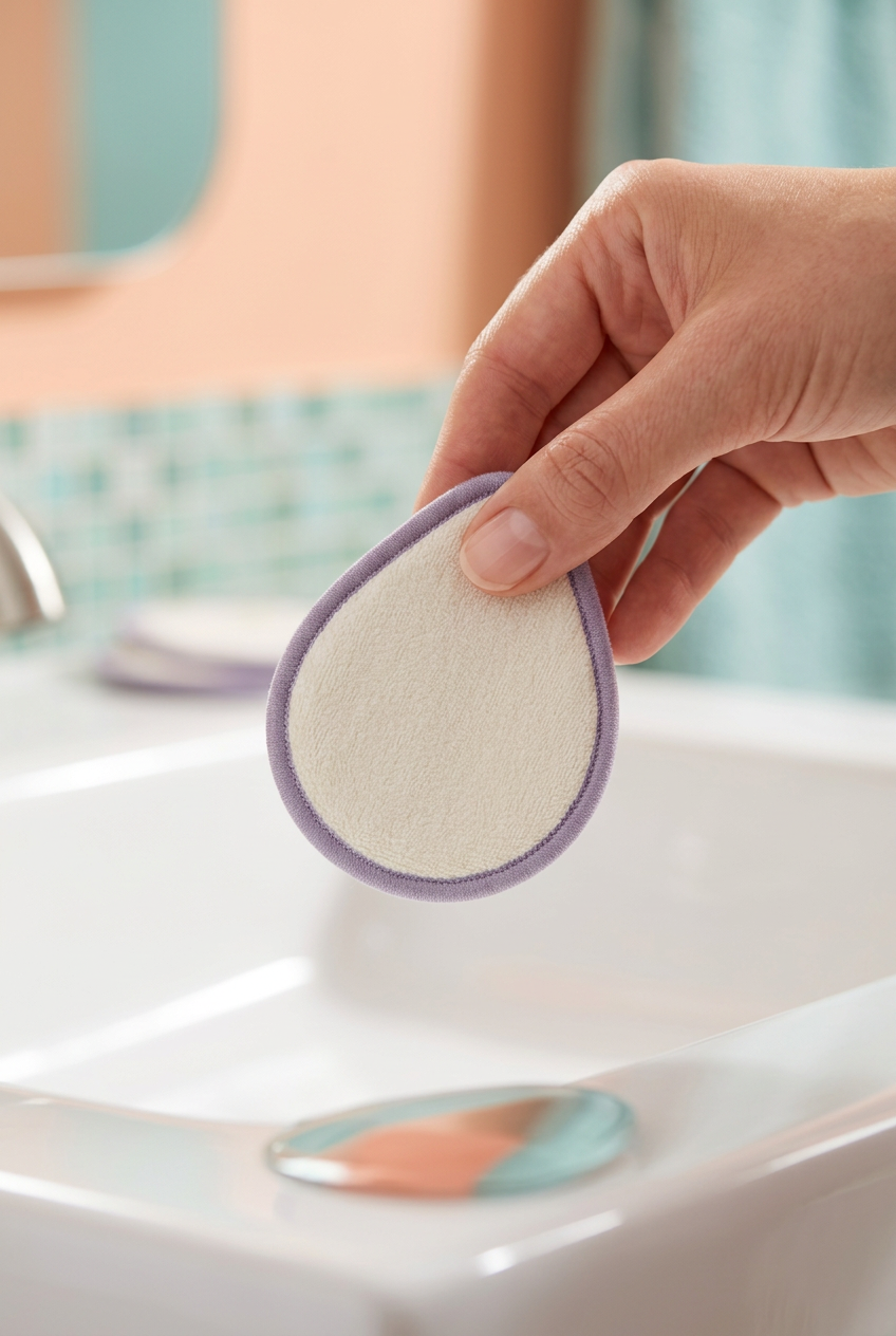 Fingers holding a small teardrop makeup remover pad