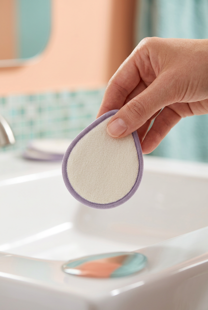 Fingers holding a small teardrop makeup remover pad