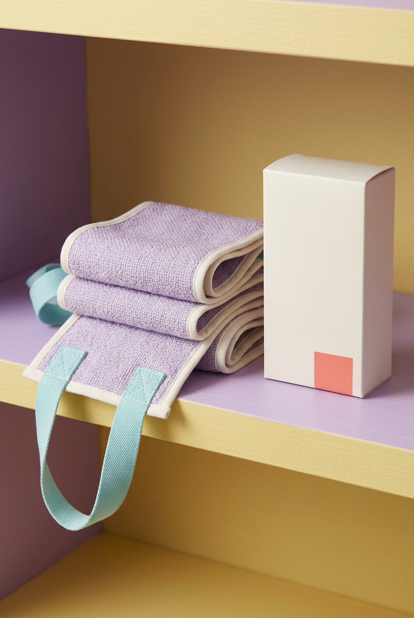 Long back towel with two loop handles and logo-free carton